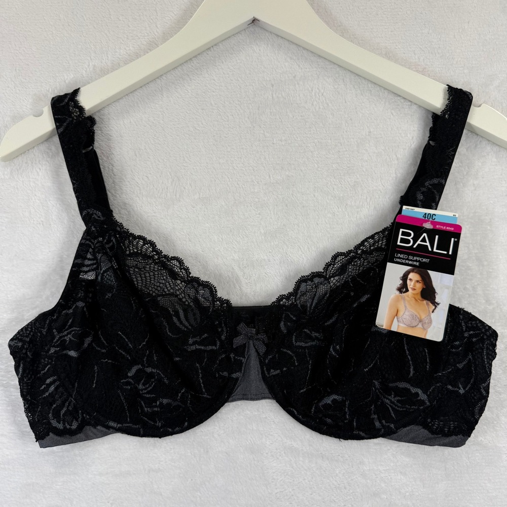 Bali 6543 Lined Support Underwire Bra Black Floral Lace Mens‎ 40C NEW